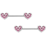 14G 9/16 Pink Gem Passionate Heart Barbell Nipple Ring Set