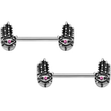 14G 9/16 Pink Gem Hamsa Hand Barbell Nipple Ring Set