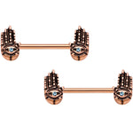 9/16 Aqua Gem Rose Gold Tone Hamsa Hand Barbell Nipple Ring Set