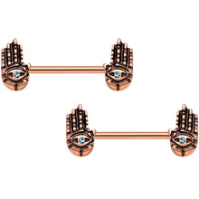 9/16 Aqua Gem Rose Gold Tone Hamsa Hand Barbell Nipple Ring Set