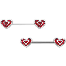 14G 5/8 Red Gem Wrapped Hearts Barbell Nipple Ring Set