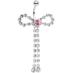 Pink Clear Gem Dainty Graceful Bow With Dangle Belly Ring