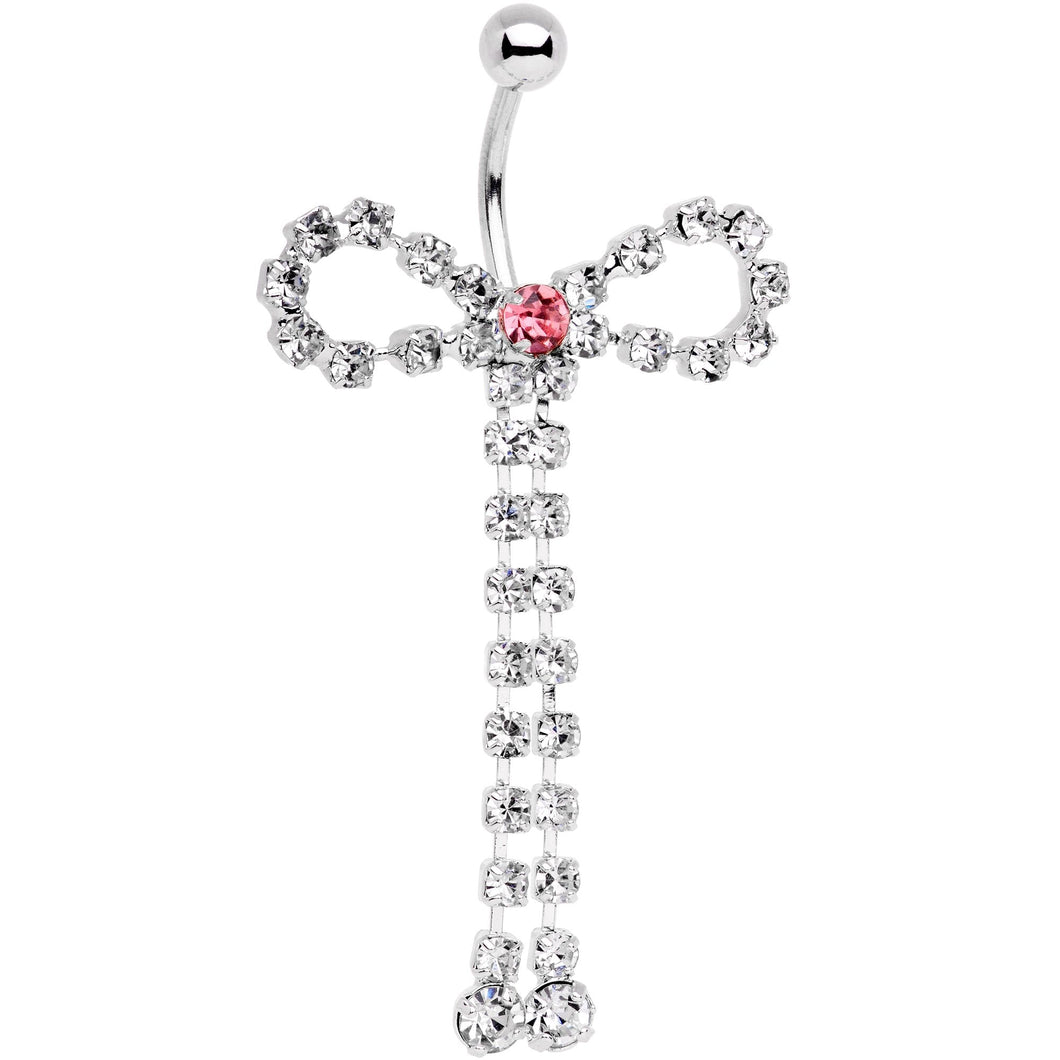 Pink Clear Gem Dainty Graceful Bow With Dangle Belly Ring