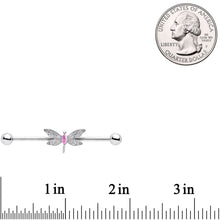 14G Pink Gem Dazzling Lacework Dragonfly Industrial Barbell 38mm