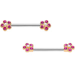 14G 9/16 Pink Gem Precious Flower Barbell Nipple Ring Set
