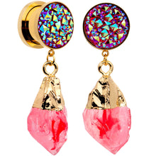 Pink Faux Druzy Quartz Gold Tone Dangle Screw Fit Plug Set 8mm to 16mm