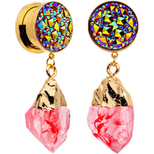 Pink Faux Druzy Quartz Gold Tone Dangle Screw Fit Plug Set 8mm to 16mm