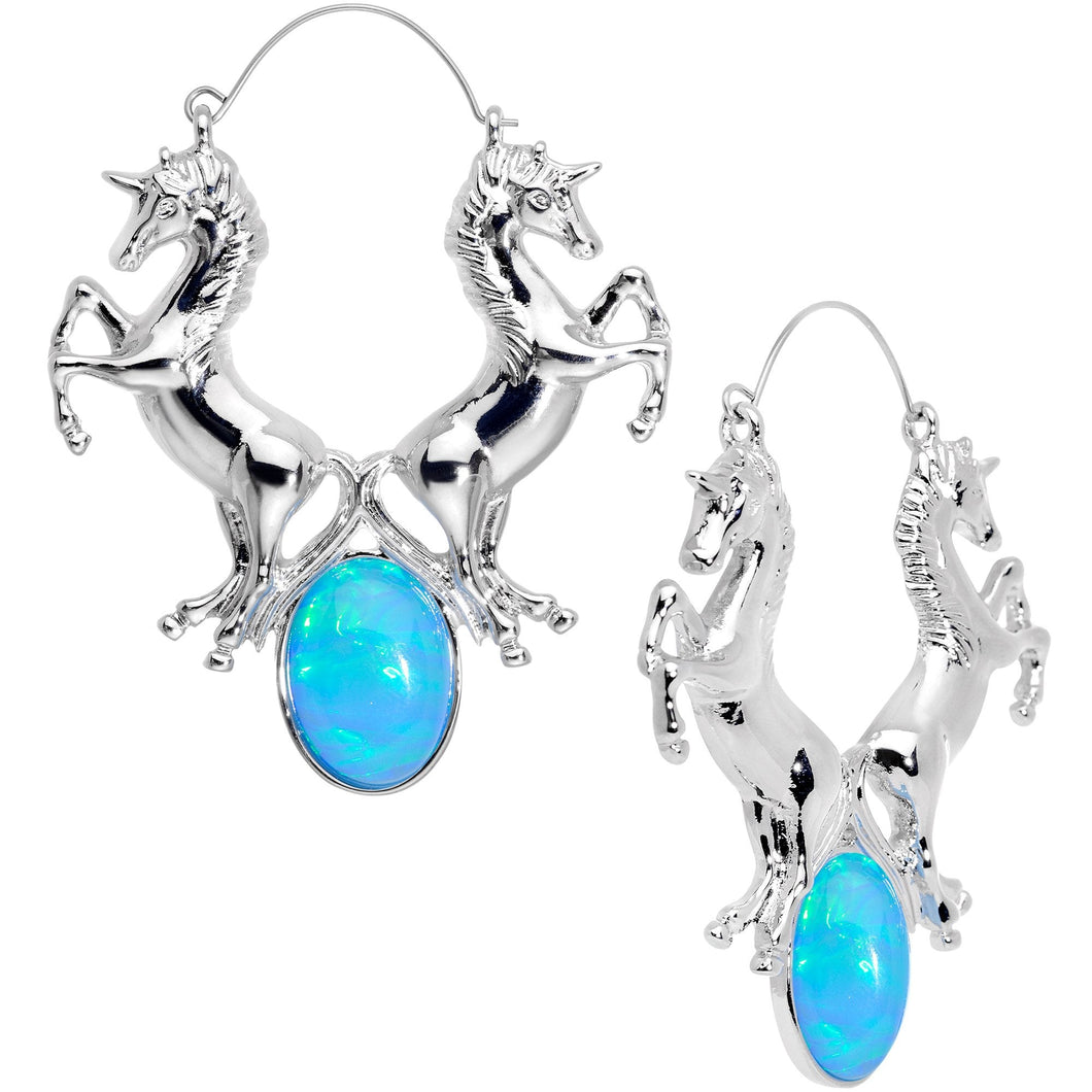 Blue Faux Opal Leaping Unicorns Tunnel Plug Earrings