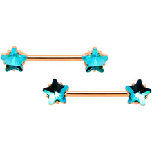 14G Blue Gem Star Rose Gold Tone BCR Barbell Nipple Ring Set