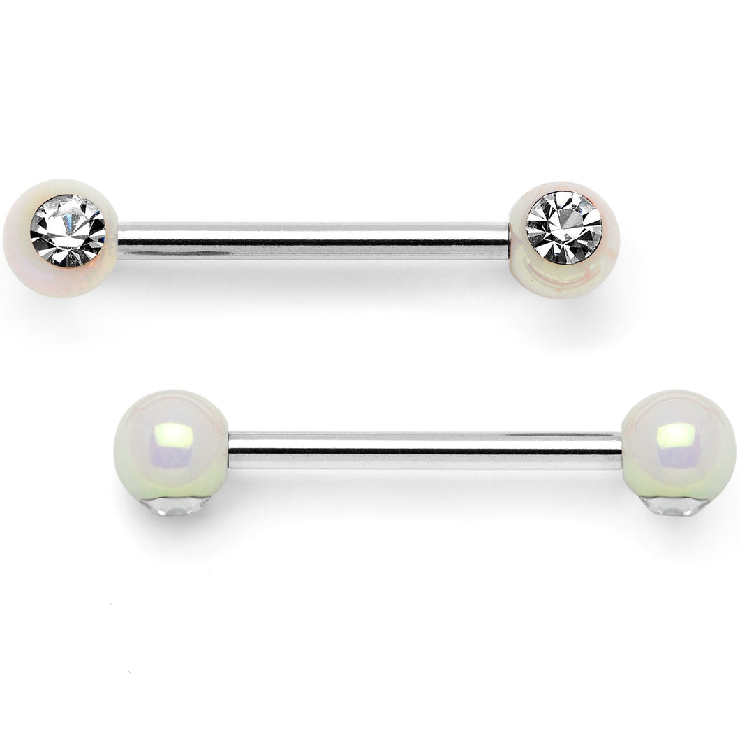 9/16 Clear Gem White Pearlescent Acrylic Barbell Nipple Ring Set