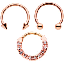 16G 3/8 Clear Gem Rose Gold Tone Hinged Circular Ring Set