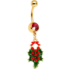 Red Gem Gold Tone Holiday Holly Wreath Dangle Belly Ring