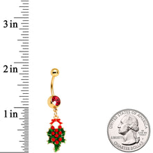 Red Gem Gold Tone Holiday Holly Wreath Dangle Belly Ring