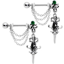 14G 9/16Black Green Gem Chain Sword Barbell Nipple Ring Set