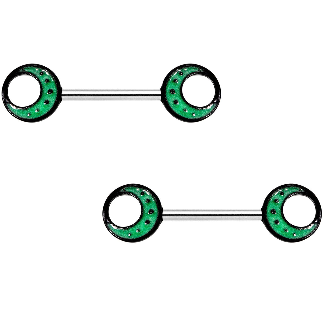 14G 9/16 Glow in the Dark Green Moon Barbell Nipple Ring Set