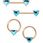 14G Aqua Gem Heart Rose Gold Tone BCR Barbell Nipple Ring Set of 4