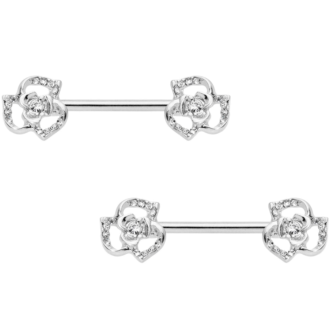 14G 9/16 Clear Gem Full Flower Barbell Nipple Ring Set