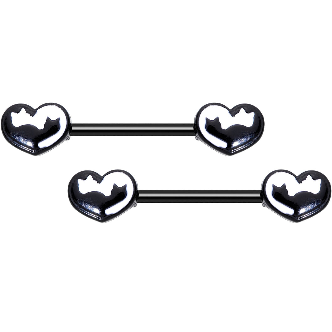 14G 9/16 Black White Silhouette Cat Lover Barbell Nipple Ring Set