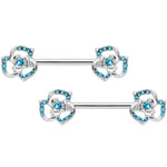 14G 9/16 Blue Gem Rose Flower Barbell Nipple Ring Set