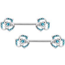 14G 9/16 Blue Gem Rose Flower Barbell Nipple Ring Set