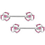 14G 9/16 Pink Gem Rose Flower Barbell Nipple Ring Set