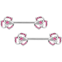 14G 9/16 Pink Gem Rose Flower Barbell Nipple Ring Set