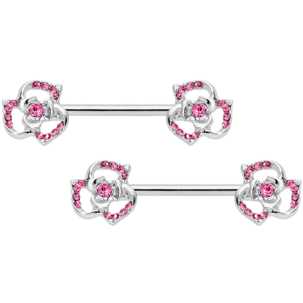 14G 9/16 Pink Gem Rose Flower Barbell Nipple Ring Set