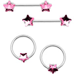 14G 9/16 1/2 Pink Star Gem BCR Barbell Nipple Ring Set