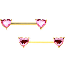14G Pink Heart Gem Gold Tone BCR Nipple Ring Set