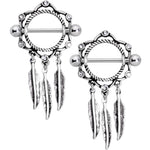 14G 9/16 Clear Gem Lotus Flower Feather Dangle Nipple Shield Set