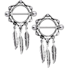 14G 9/16 Clear Gem Lotus Flower Feather Dangle Nipple Shield Set