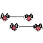 14G 9/16 Red Gem Halloween Night Bat Barbell Nipple Ring Set