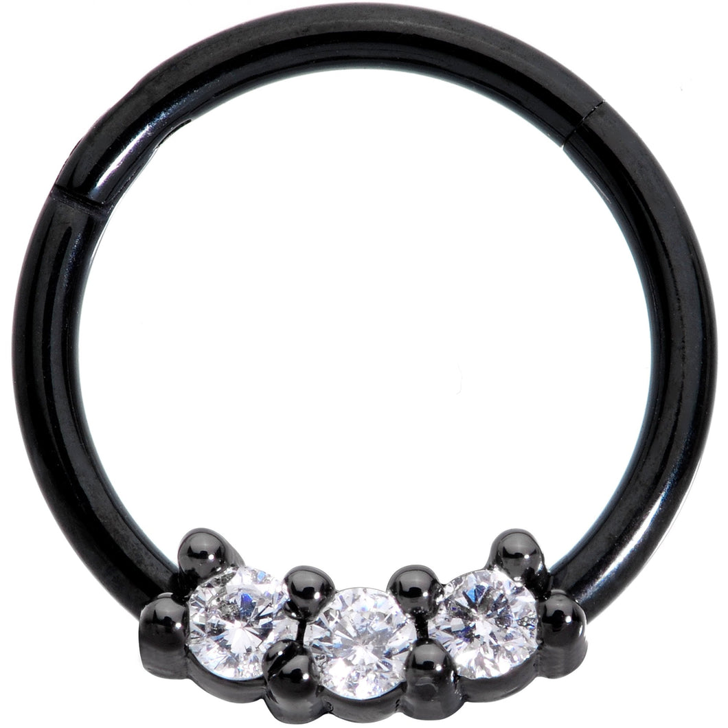 16G 3/8 Clear CZ Gem Black Trio Hinged Segment Ring
