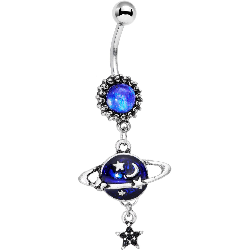 Black Gem Blue Planet Saturn Orbiting Stars Dangle Belly Ring