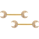14G 9/16 Clear Gem Gold Tone Crescent Moon Barbell Nipple Ring Set
