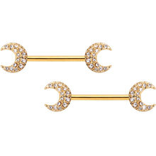 14G 9/16 Clear Gem Gold Tone Crescent Moon Barbell Nipple Ring Set