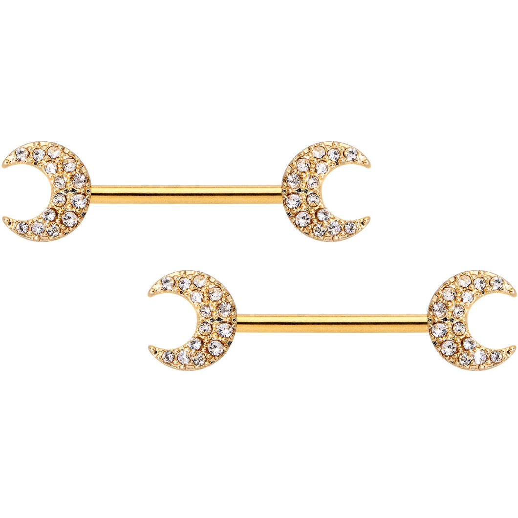 14G 9/16 Clear Gem Gold Tone Crescent Moon Barbell Nipple Ring Set