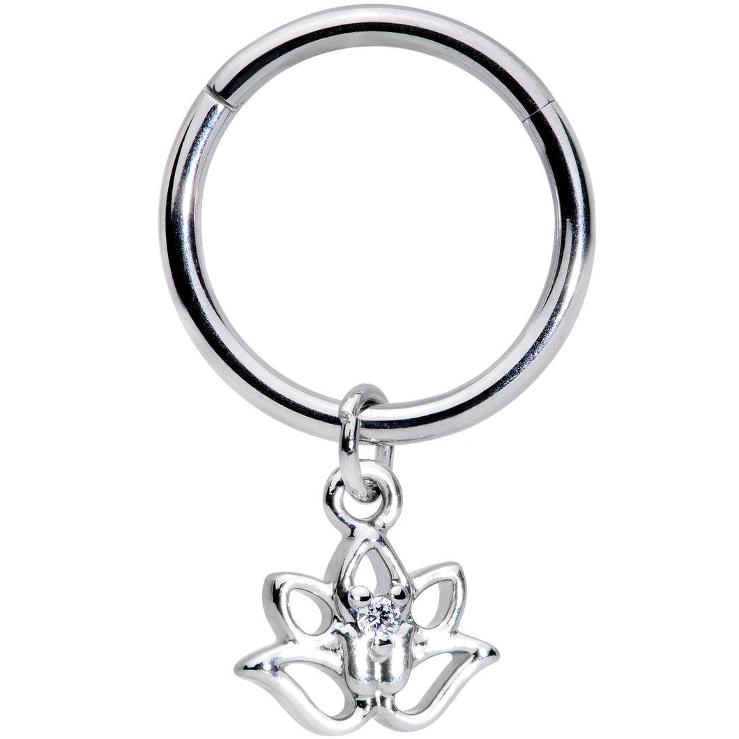 16G 3/8 Clear CZ Gem Lotus Flower Dangle Hinged Segment Ring