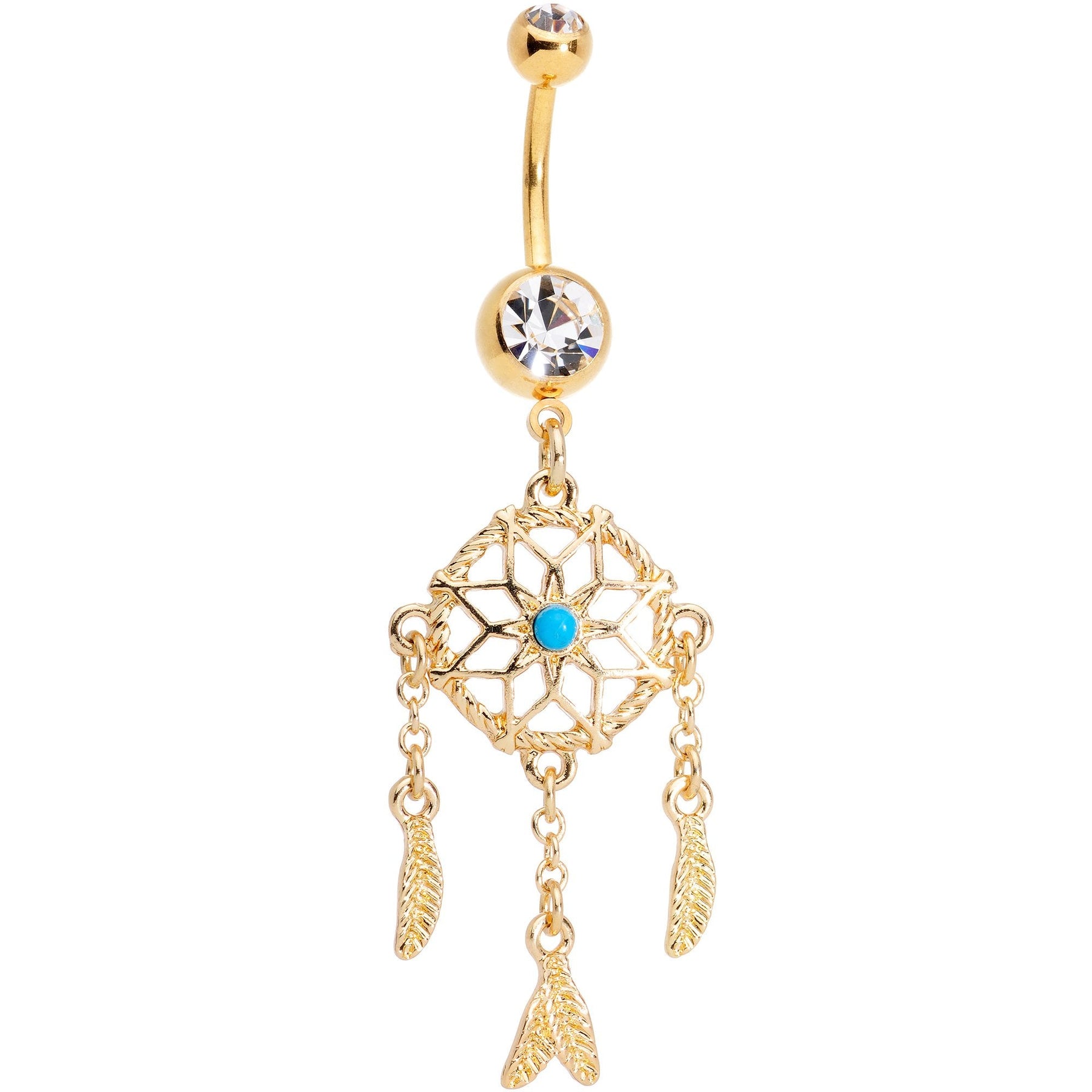 Clear Gem Turquoise Gold Tone Feather Flower Dreamcatcher Belly Ring