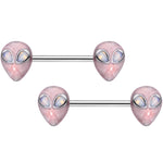 14G 9/16 White Faux Opal Alien Invader Barbell Nipple Ring Set