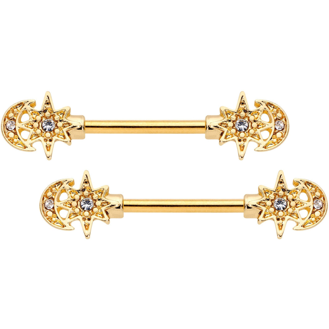 14G 9/16 Clear Gem Gold Tone Holiday Star Barbell Nipple Ring Set