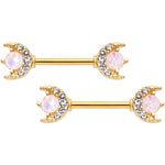 9/16 White Faux Opal Crescent Moon Gold Tone Barbell Nipple Ring Set