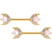9/16 White Faux Opal Crescent Moon Gold Tone Barbell Nipple Ring Set