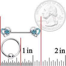 14G 9/16 5/16 Aqua Gem Hearts BCR Barbell Nipple Ring Set