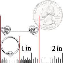 14G 9/16 5/16 Clear Gem Hearts BCR Barbell Nipple Ring Set