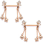9/16 Clear Gem Rose Gold Tone Butterfly Dangle Barbell Nipple Ring Set