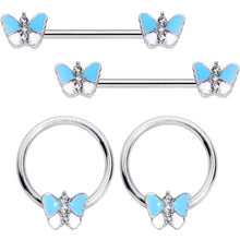 14G Blue White Inlay Butterfly BCR Barbell Nipple Ring Set of 4