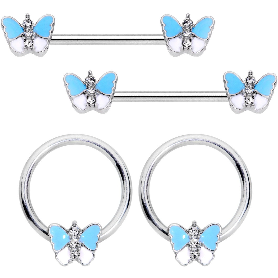 14G Blue White Inlay Butterfly BCR Barbell Nipple Ring Set of 4