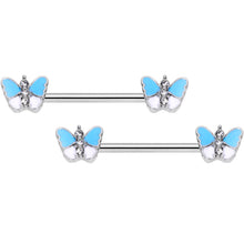 14G Blue White Inlay Butterfly BCR Barbell Nipple Ring Set of 4