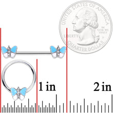 14G Blue White Inlay Butterfly BCR Barbell Nipple Ring Set of 4